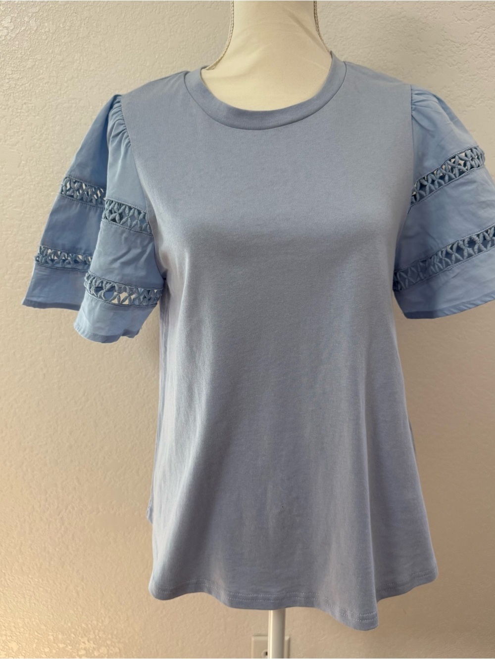 NEW VIE Blue Crochet Ruffle Sleeve Crew Neck Knit Cotton Blend T-Shirt Women S